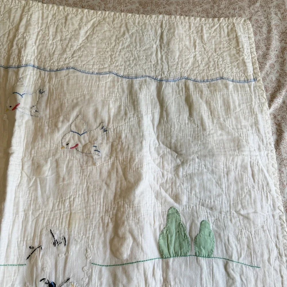 Vintage Hand Embroidered Baby Quilt White Cotton Kittens Birds Floral 54x36
